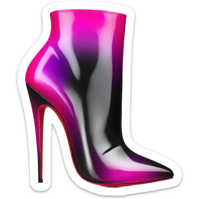 Realistic isolated front view of a pair of Louboutin Black,Silver,and Hot Pink Ombre stiletto high heel ankle bootie boots.  sticker