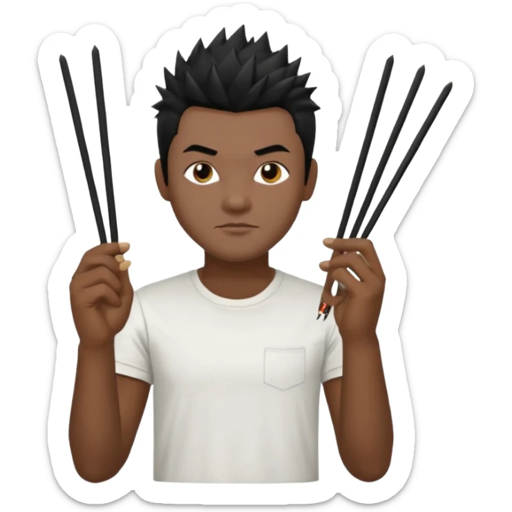 Make it a vietnamese male with spiky black hair holding only ONE pair of chopsticks in one hand, t-shirt sticker