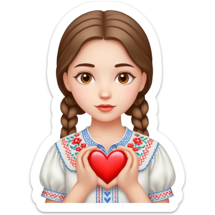 beautiful young girl wearing a white Ukrainian embroidered shirt with a big heart sticker
