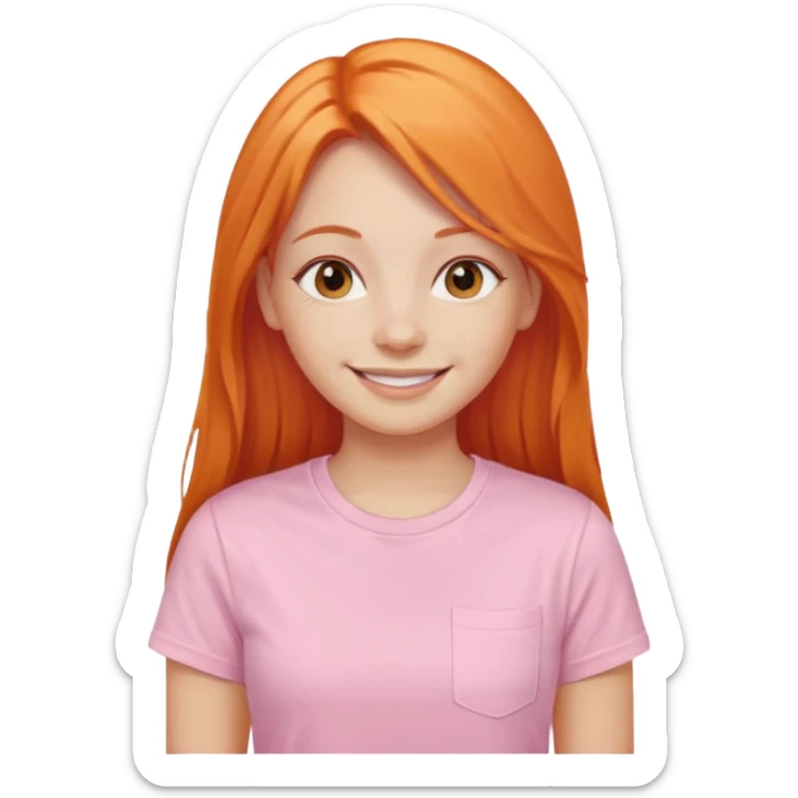 The girl with long orange hair is very happy. Make the girl similar with the reference picture. Change her sweat. Make it pastel pink t-shirt. sticker