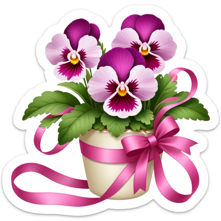 Delicate Orchid Pink pansies rest in a gentle arrangement, wrapped in a luxurious Wild Strawberry ribbon. The combination of soft florals and deep crimson elegance evokes timeless beauty." sticker