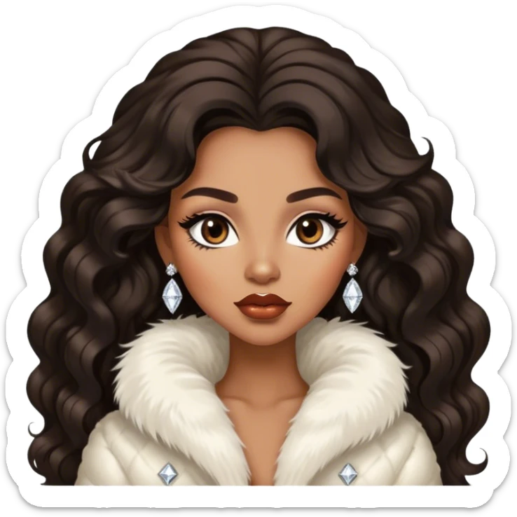 light brown skin tone, very beautiful woman, with big plump lips, long long lashes, black wavy long hair, brown eyes, white fur jacket, diamond earrings sticker