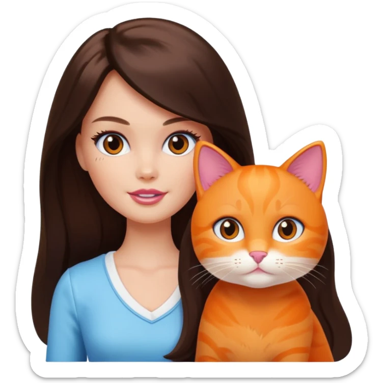 White Barbie girl dark brown long hair with British orange kitty sticker