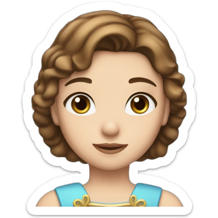 a girl with short brown hair and blue eyes in a princess asterisk costume sticker