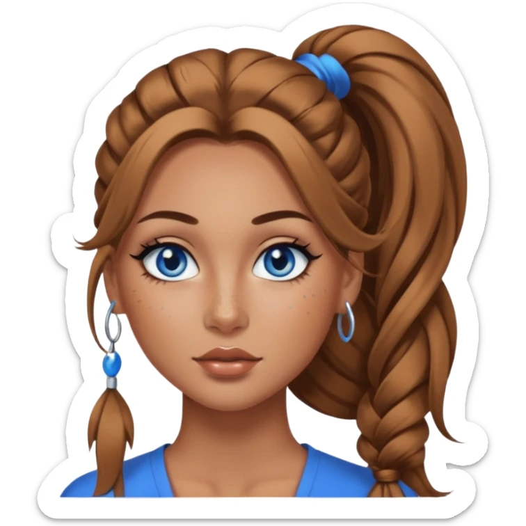 Attractive Woman with tan skin, baddie style, blue eyes, wide face, freckles, and a long voluminous ponytail and dark eye makeup sticker