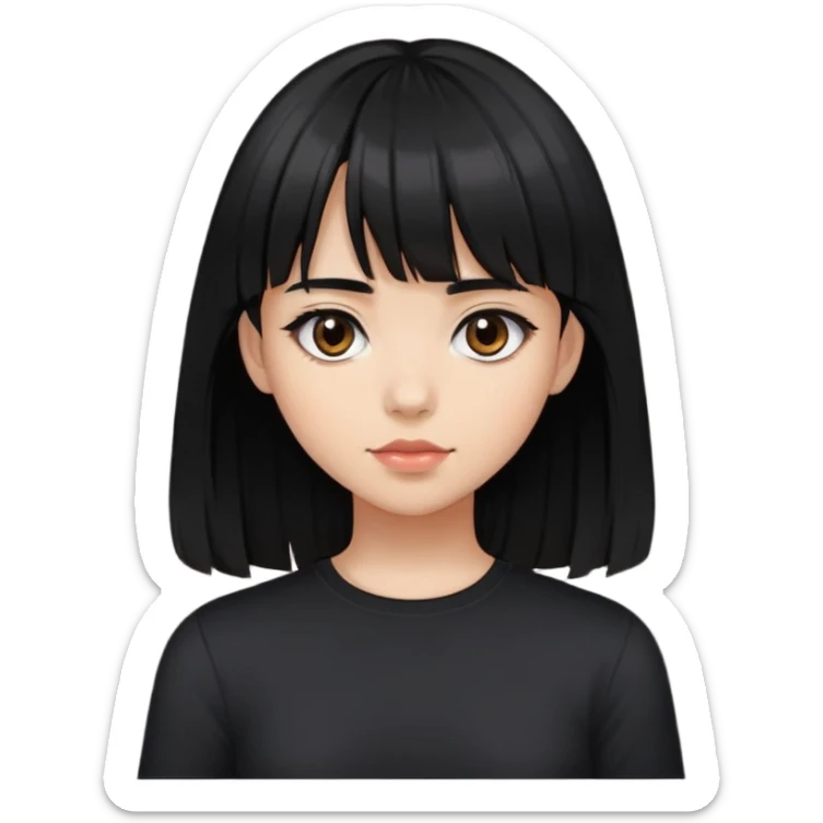 Make ai emoji of a girl with shoulder-length black hair, bangs, and very dark brown eyes. I want her wearing a black shirt. sticker