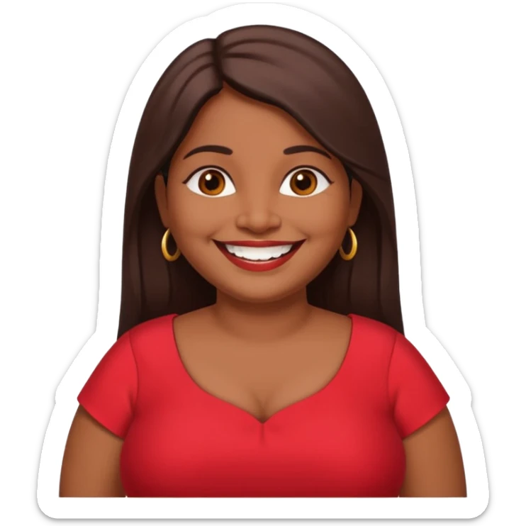 50 yr old chubby Sri Lankan woman, dark skin, straight brown hair, big smile, white teeth, red dress clothes, longer hair straight sticker