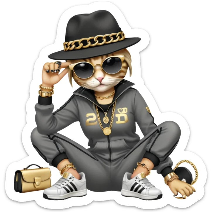 female cat dressed like Run DMC in tracksuit, fedora, Adidas shoes, dark sunglasses, lots of gold chains, rings, bracelets, earrings, lying on the ground after falling, distressed sticker