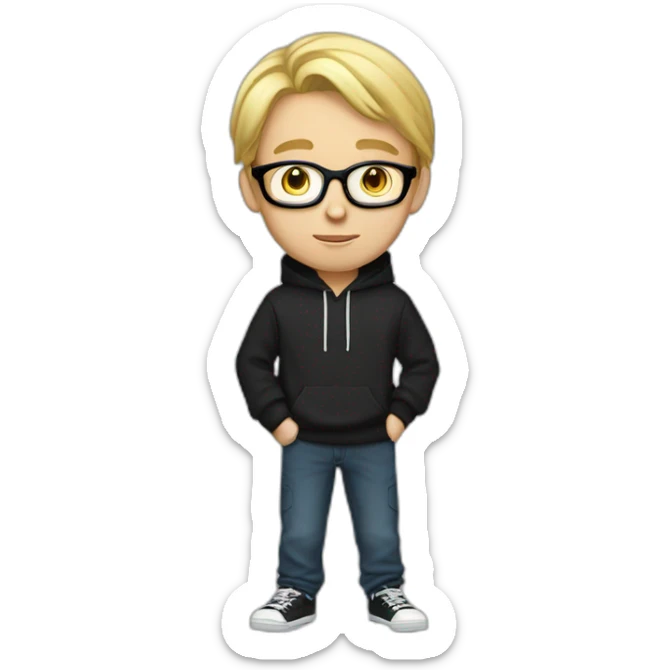 realistic thin white teenager with blond hair.  He is cross-eyed and wears black glasses.  He is also wearing a white hooded sweatshirt.  he has black eyes and a long face. sticker