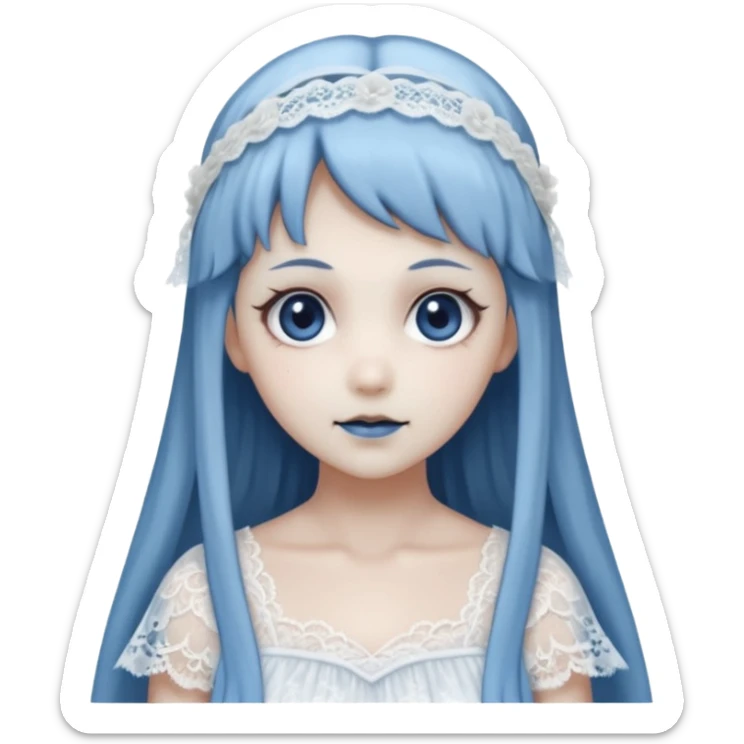 Beautiful ethereal pastel Gorgeous spectral dark greyish-blue whitish gloomy spectral Anime Poltergeist Lady  with a beautiful white silky lace dress with a silky lace head band sticker