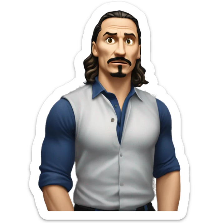 IKEA co-worker of the month Zlatan in Marvel Avengers style, oil paint, mysterious eyes, intricate lips, masterpiece pose, odd perspective, beautiful, desirable, logical sticker