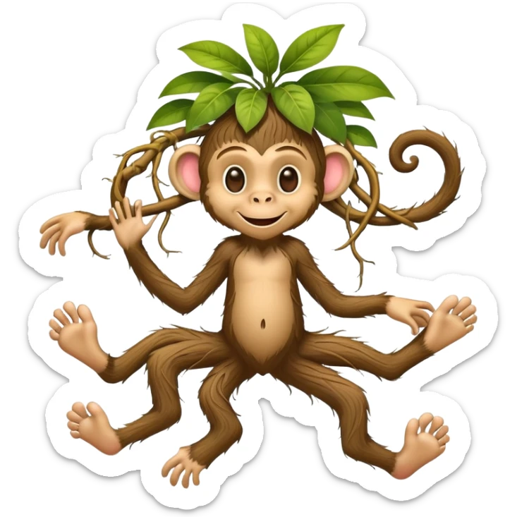 A whimsical character with human feet, tangled plant roots as legs, and a smiling monkey head sticker