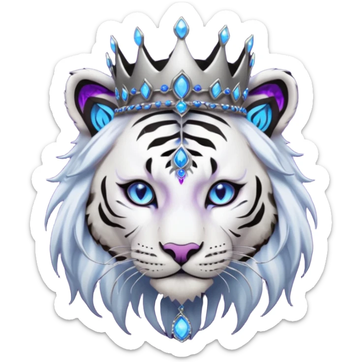 ESO Female white/black tiger khajiit leader of the umbral rose, glowing blue eyes, glowing blue 'third eye' gem, black beaded dreadlocks; silver crown/tiara with purple gems sticker