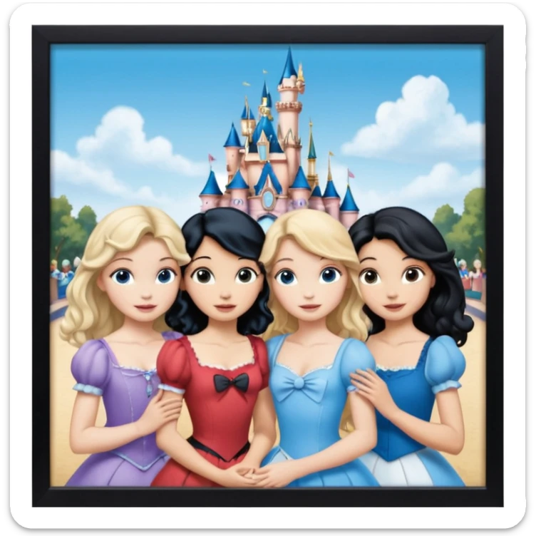 escribe el nombre Disneyland Paris y para titulo, pon a quatro chicas: una pelo corto negro, una pelo rizado largo, una pelo largo liso y la otra pelo ondulado mediano, esta con el ojos azules. Haz un cuadrado rectangular grande y por los lados pon a las chicas que te he descrito sticker