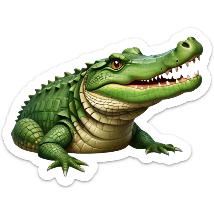 cinematic-crocodile-realistic-full-body-lounging-emoji,-massive-scaled-body-partially-submerged-in-shallow-water,-head-tilted-dramatically,-rough-green-and-brown-hide-textured-with-deep-ridges,-simplified-yet-realistic-focused-features,-highly-detailed,-glowing-with-an-almost-sarcastic-glow sticker