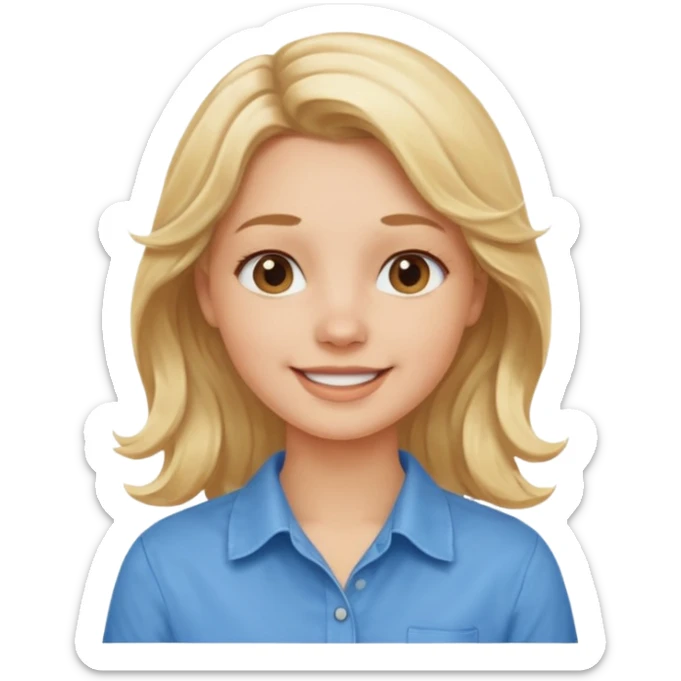 Happy blond girl with light weavy hair with a blue shirt but we can see only her face and neck and the top of the t shirt, no whole body sticker