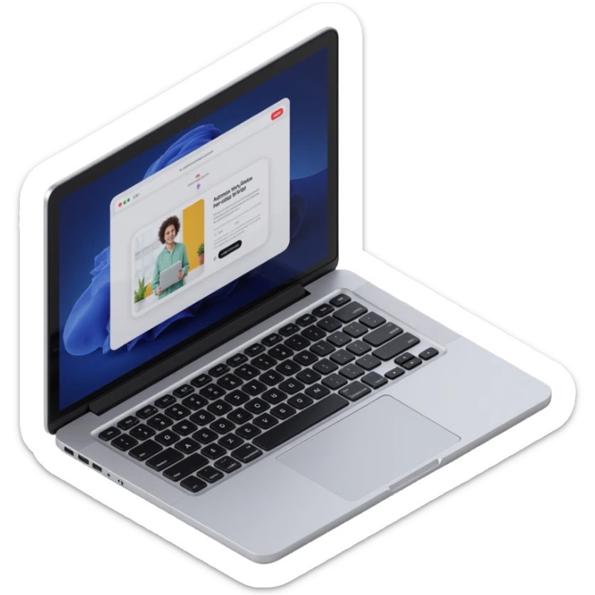 a laptop displaying online training, skeuomorphism style, realistic metallic textures, 3D effect, detailed keyboard, screen with educational content sticker