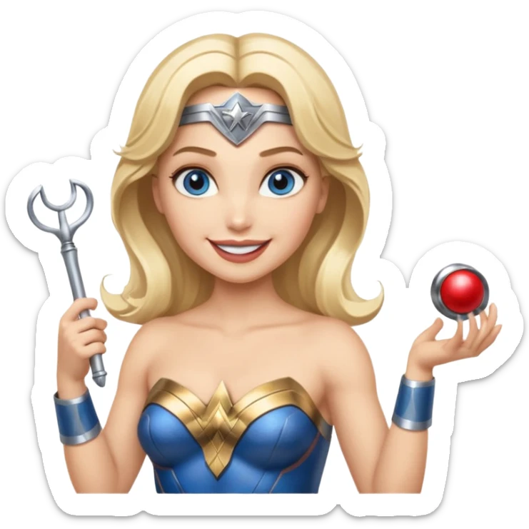 Blonde blue eyed Wonder Woman holding white orchestra conductor’s baton and bell sticker