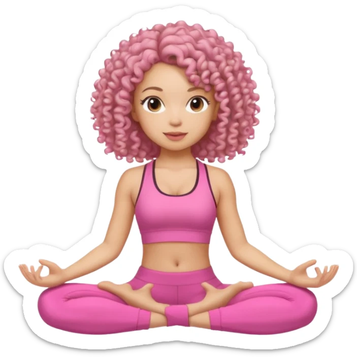 Quero uma menina de roupa de malhar rosa do cabelo cacheado sentada como tivesse fazendo yoga sticker