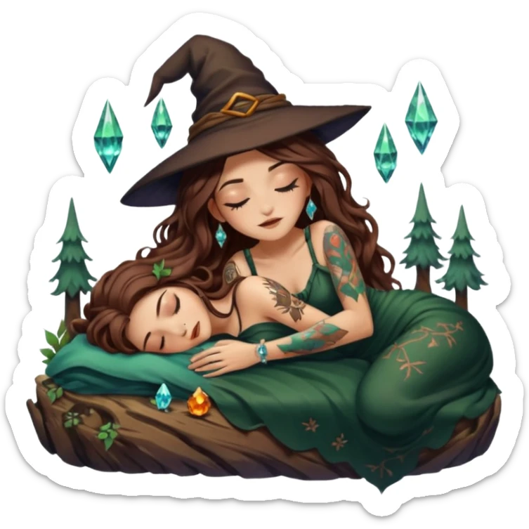 cute forest witch woman long wavy brown hair tattoos napping on crystal sticker