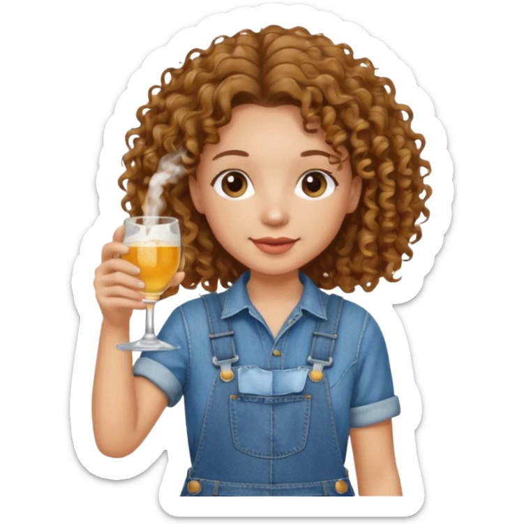 Curly haired curl with brown hair and light skin in overalls toasting with alcohol sticker