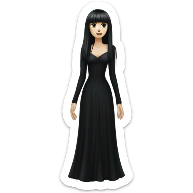  one single goth women full body, wearing long big bell arms, black dress, long hair with bangs, white skin, dark hair,  sticker