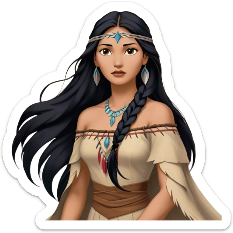 Cinematic Realistic Pocahontas Portrait, depicted with lifelike skin texture, soft natural lighting, and intricately detailed long, flowing raven-black hair that moves gracefully in the wind. Her deep, soulful dark brown eyes exude wisdom and strength, complemented by a serene yet powerful expression. She is dressed in her classic one-shoulder native american dress, with rich fabric textures and delicate beaded details that catch the light beautifully. The portrait features a soft, sun-kissed glow with a natural, radiant finish, capturing the essence of untamed beauty and deep connection to nature in a realistic and painterly style, evoking a sense of depth and authenticity. sticker