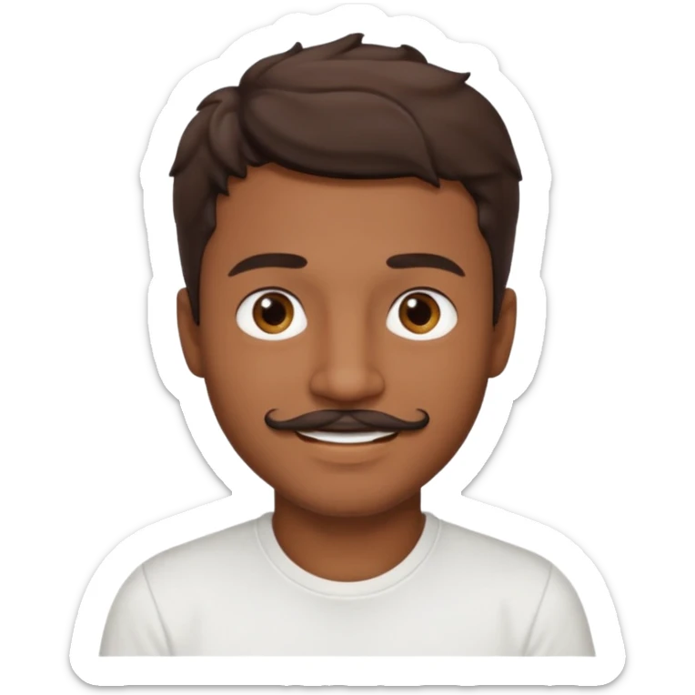Homme brun cheveux court ondulé. Métisse. Yeux marrons très foncé. Avec t-shirt blanc avec une légère moustache  sticker