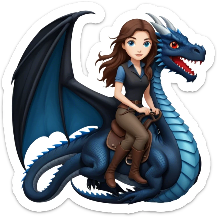 Me, a white female with long brown hair, and blue eyes, riding a very black wyvern dragon with hints of red, to your work sticker