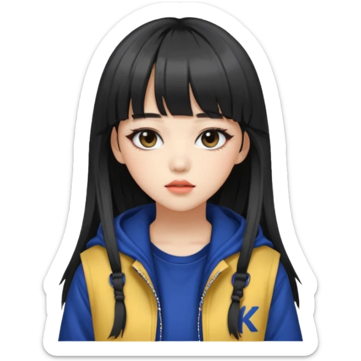 Portrait of a female K-pop idol, wearing a stylish streetwear outfit with layered clothing, long hair with bangs, makeup, cool face sticker