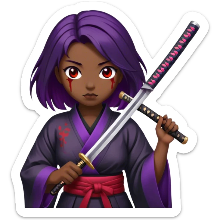 A samurai girl with deep purple hair, black kimono, holding a bloodstained katana sticker