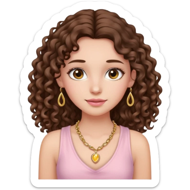 crée moi une jeune fille très belle avec les cheveux bouclés long brune avec un top  sans manche de couleur rose clair avec un peu de maquillage un collier en or sticker