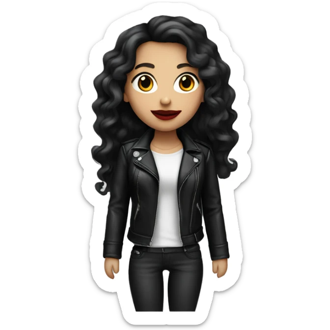 White girl, with long curly black hair, with red lipstick, wearing leather jacket sticker