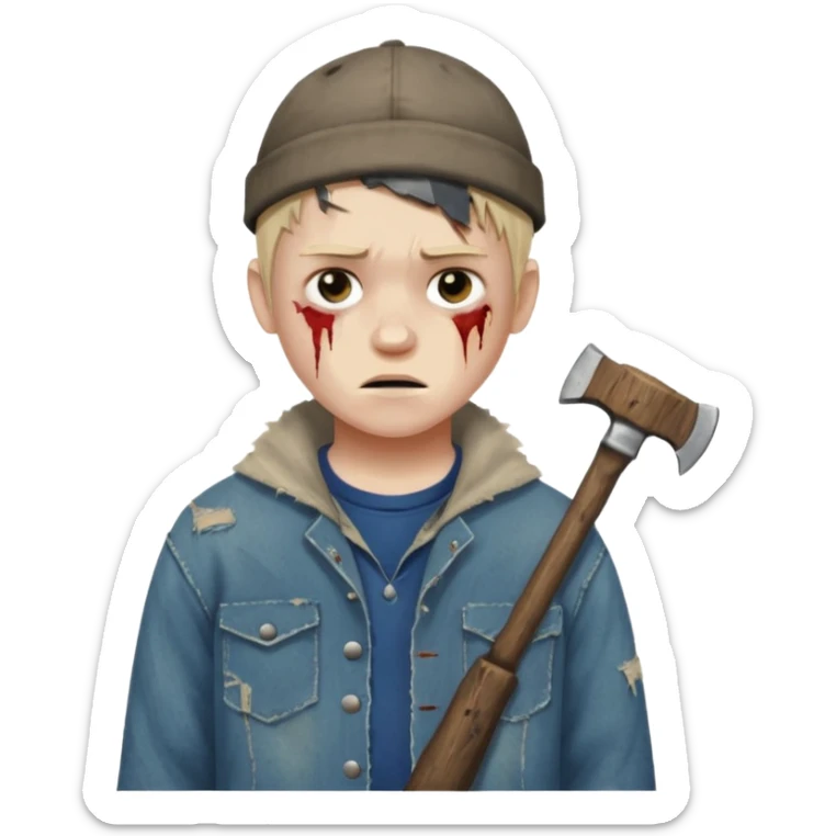 13 y/o Brian robeson at the beginning of Hatchet
distressed, has hatchet, bruised sticker