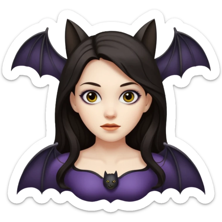 woman with long dark hair and a flying bat nearby sticker