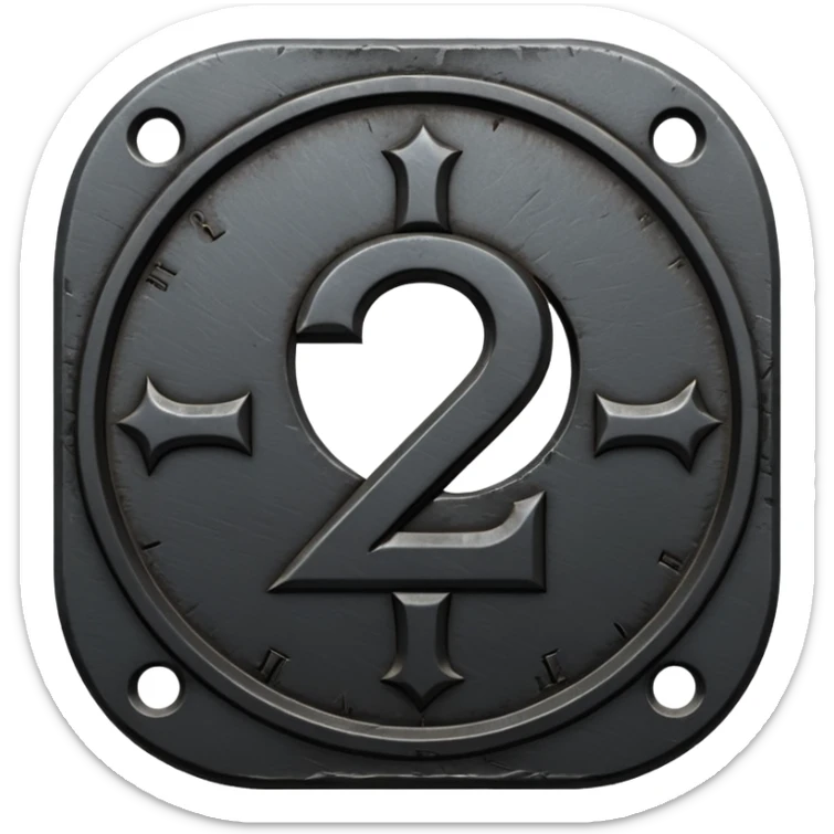 Minimal emoji, gothic metal coin made of black steel, engraved number 2 at the center, ancient industrial aesthetic, worn metal texture, no glow, no neon, flat emoji design, centered, transparent background sticker
