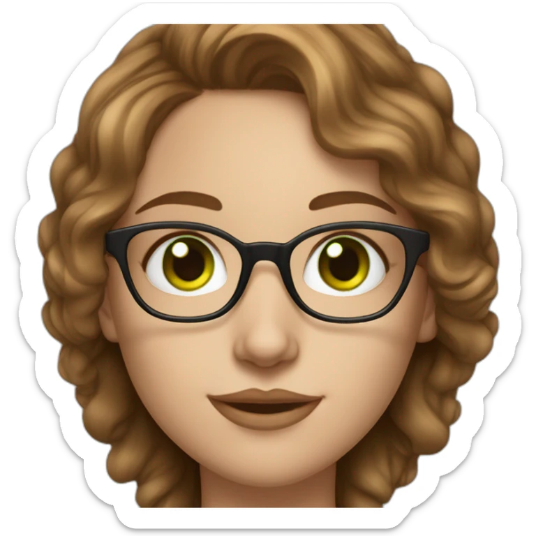White skin, young woman, brown wavy hair, green eyes, big silver sight glasses, big nose. sticker
