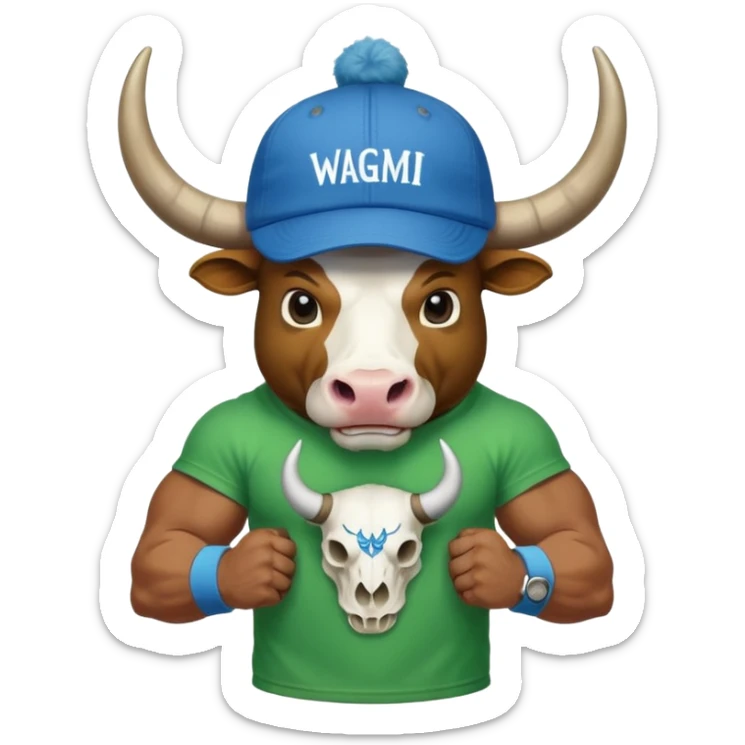 a bull wearing a green cap leveled WAGMI and wearing a blue t shirt and WAGMI designed with bulls skull and horn sticker