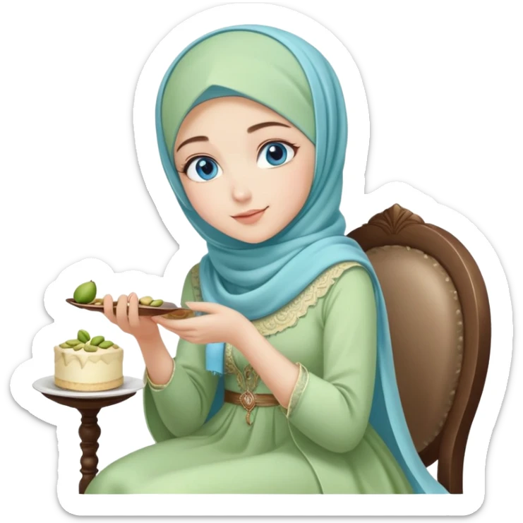 Turkish beautiful finish Konya girl blue eyes with pastel hijab long tail dress and sits on the chair and holds pistachios cake with her hand  sticker