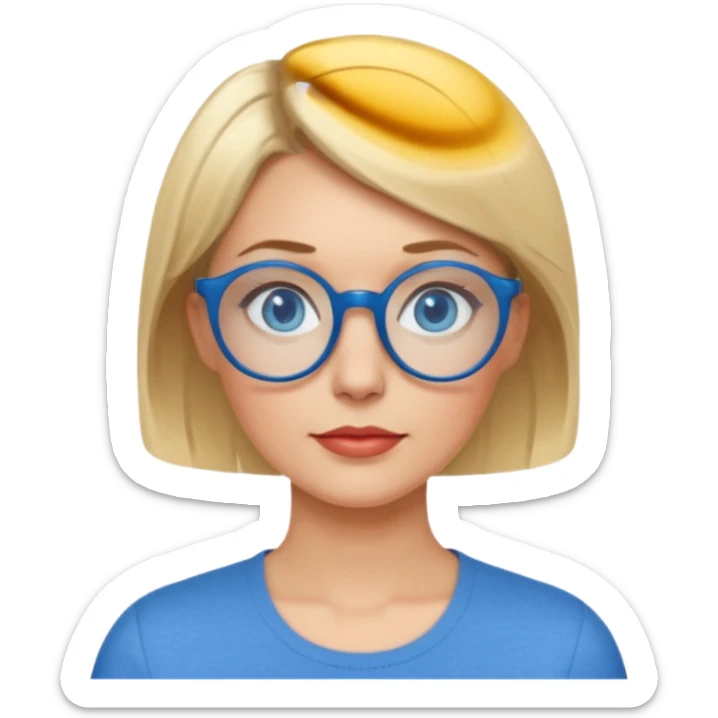 femme 40 ans cheveux très courts blond avec raie sur le coté, yeux bleu et lunettes rondes bleues sticker