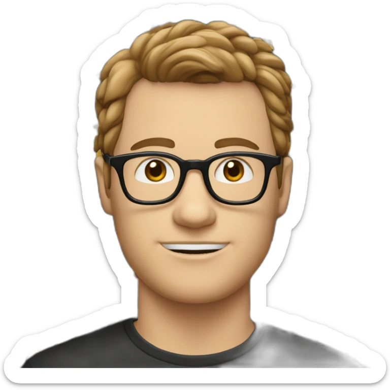 white guy with short brown hair up unshaved wearing glasses and dark t-shirt with flowers print sticker