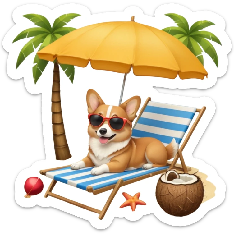 a corgi dog laied on a beach chair, a sunny beach, a sun umbrella, and beach coconut trees. the icon should capture the essence of a relaxing beach vacation with a carefree atmosphere sticker