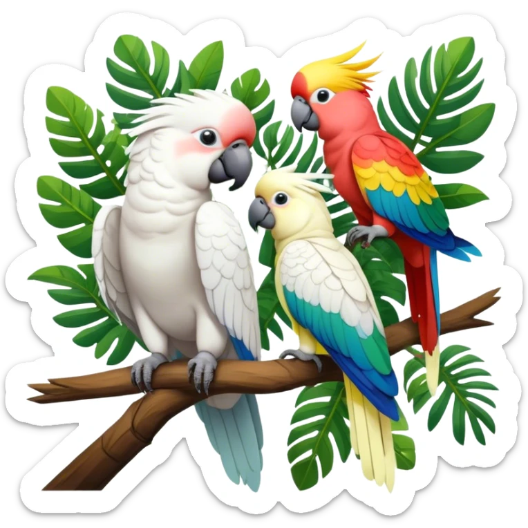 Close-up collage of vibrant Ara parrots and Inca cockatoos sitting on tree branches, surrounded by lush greenery. Bright colors of the birds stand out against a natural, sunny background of trees, flowers and fruits. Transparent background. sticker