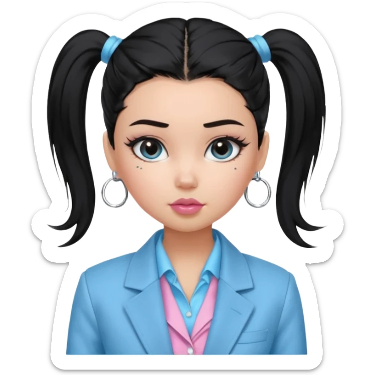 generate a pretty bratz girl with black hair tied up in a single ponytail. wearing a light blue full sleeve shirt and a black blazer over it. silver small hoops, pink lipgloss.  sticker