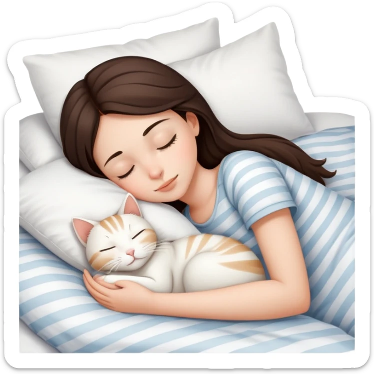 side view Brunette teenage girl sleeping with white cat that has beige stripes on a white pillow with white sheets sticker