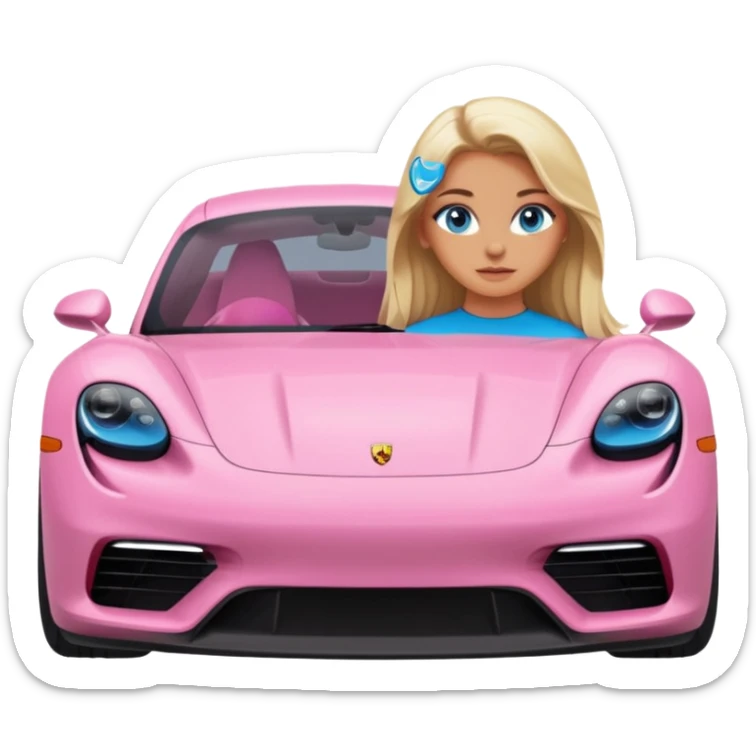 pink Porsche taycan with blonde girl, long hair, blue eyes, front view point of view, no sunglasses, sexy sticker