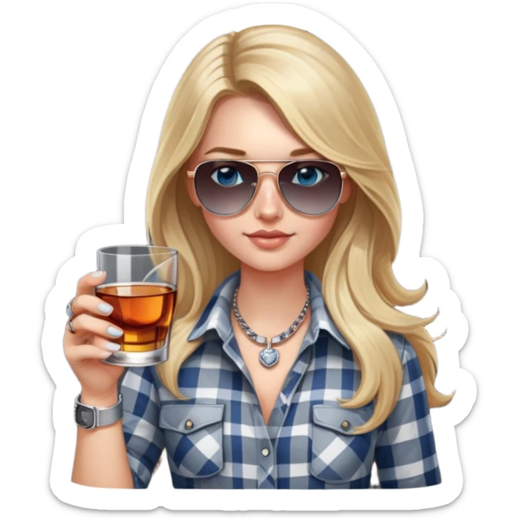 girl with long blond hair, wearing grey/white plaid shirt, with blue eyes and aviator sunglasses, wearing a ring on her silver necklace around her neck, holding a glass of whiskey, wearing rose gold apple watch sticker