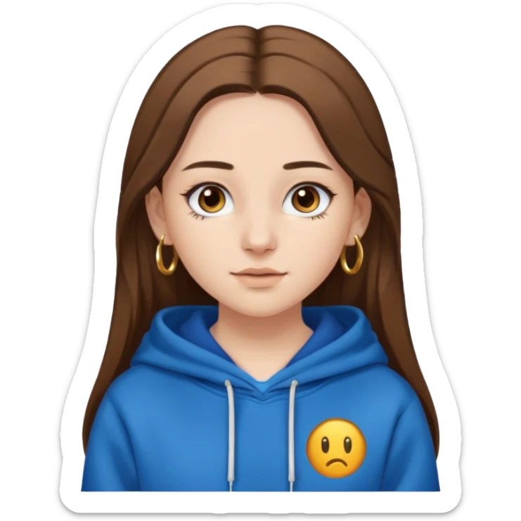 teen girl, white skin, long brown hair middle parted, brown eyes, blue hoodie eyelashes and gold earrings sticker