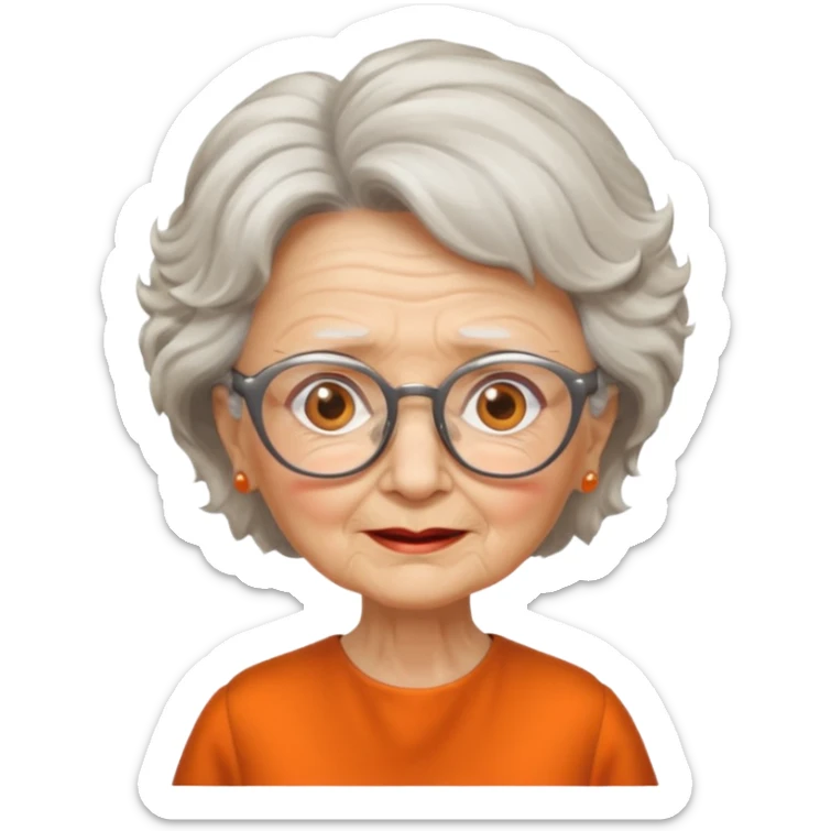 OLD LADY IN KITCHEN OUTFIT ORANGE DRESS, GLASSES. WHITE HAIR , AOROM BUSHY HAIR sticker