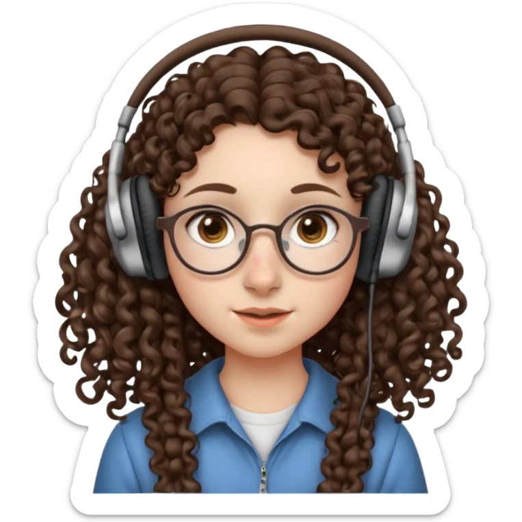 brunette kid with unique face features and very curly long hair kid girl neutral and very big nose and ears and dark eyes with freckles kind of nerd looking and headphone wearing no glassess just nose piercing very big one sticker